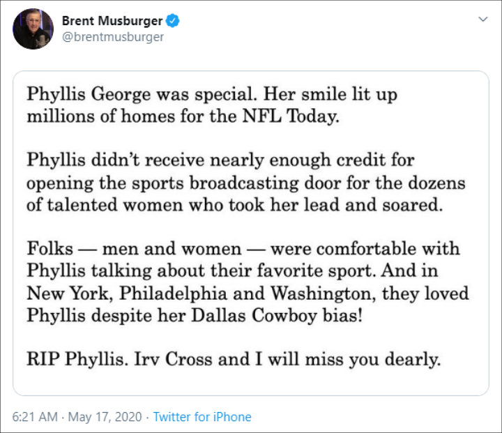 Brent Musburger's Tribute to Late Phyllis George