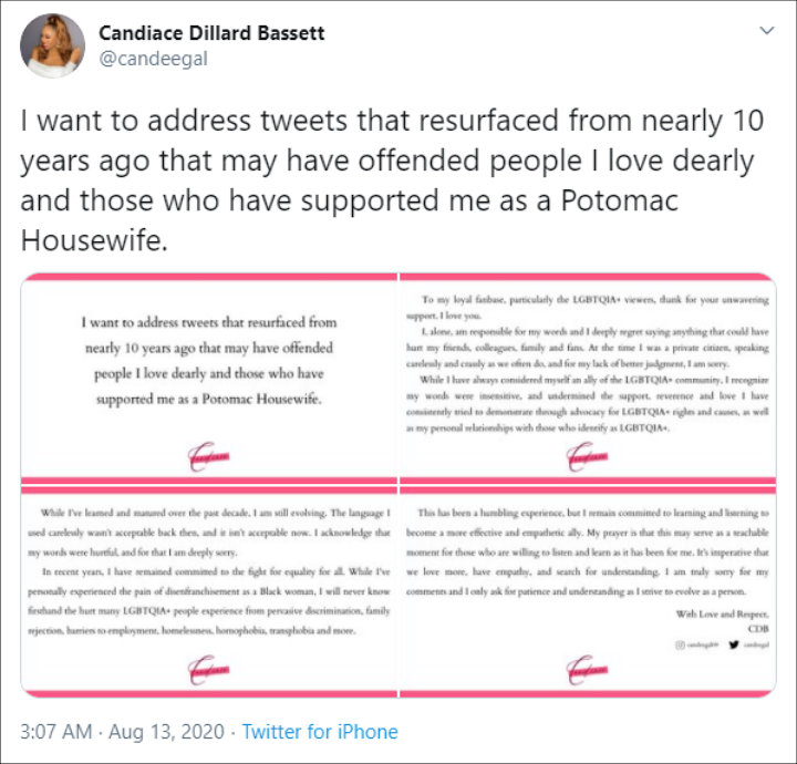 Candiace Dillard's Apology for Homophobic Tweets