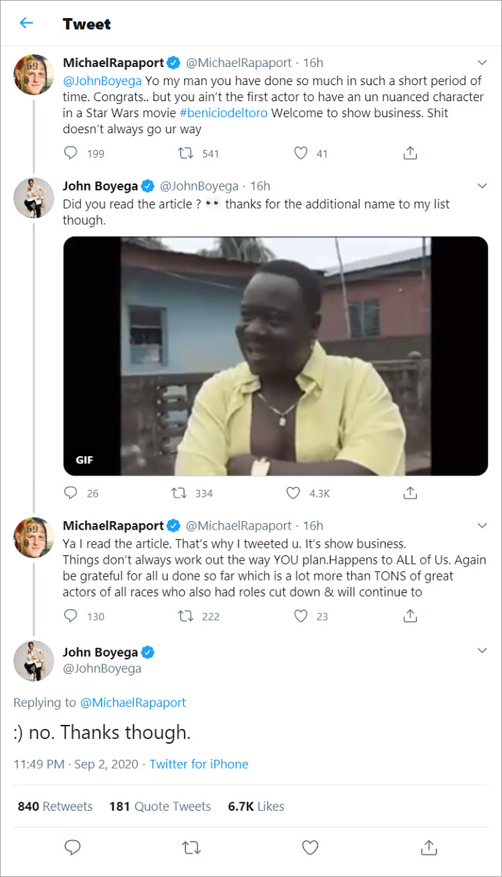 Michael Rapaport and John Boyega's Tweets