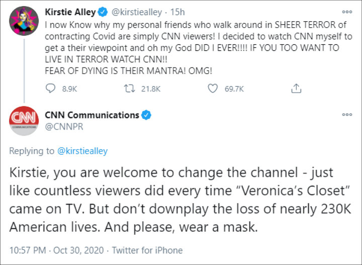 Kirstie Alley and CNN were feuding on Twitter