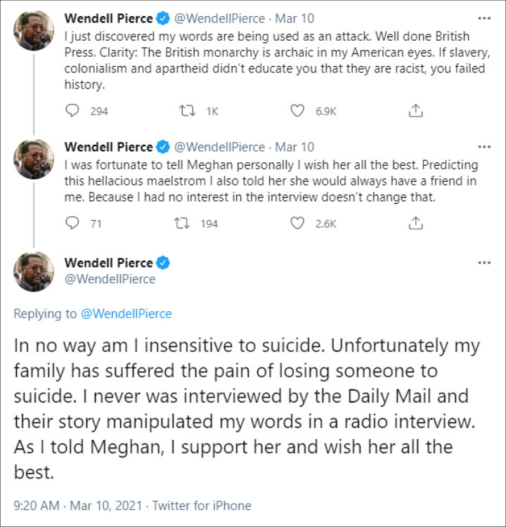 Wendell Pierce clarified his comments on Meghan Markle's interview