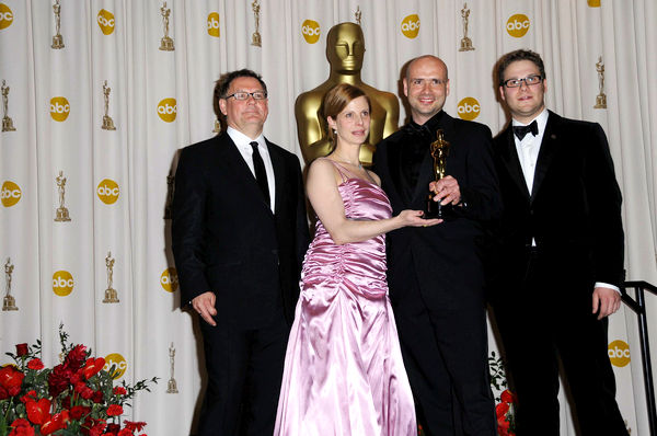 Janusz Kaminski, Jochen Alexander, Seth Rogen<br>81st Annual Academy Awards - Press Room