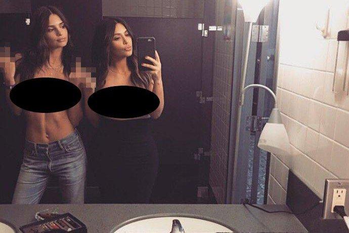 Kim Kardashian Teams Up With Emily Ratajkowski for New Topless Selfie