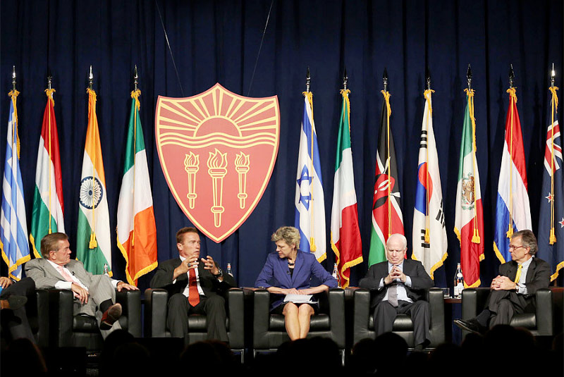 Arnold Schwarzenegger Kicks Off Lecture as Think Tank Guru at USC