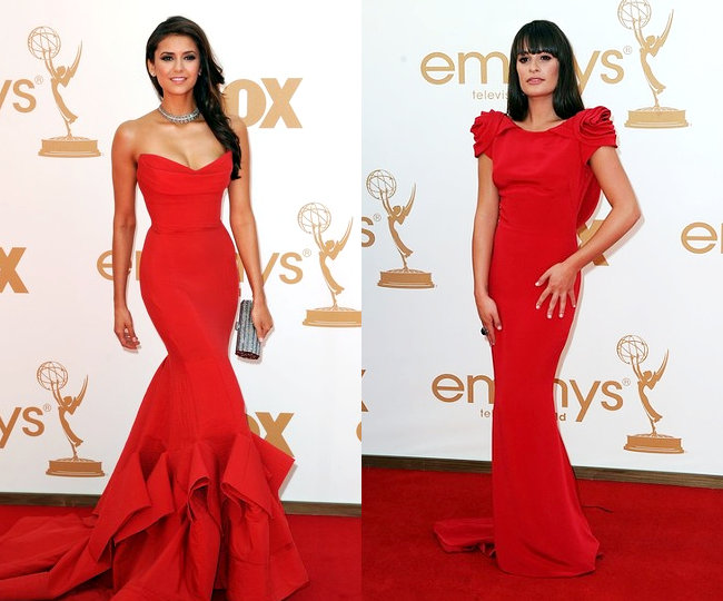 Emmys 2011 Nina Dobrev and Lea Michele Are Red Hot on Red Carpet