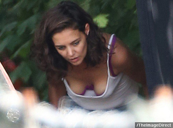 Katie Holmes Flashes Boobs And Bra While Bending Over On All We Had Set