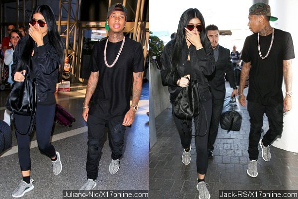 Kylie Jenner and Tyga Wear Matching Shoes and Outfits, Leave for Paris