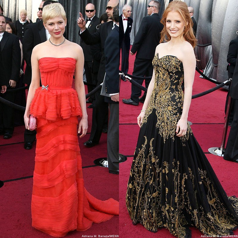 Oscars 2012: Michelle Williams Gorgeous in Red, Jessica Chastain Stunning in ...