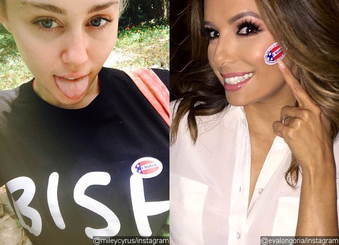Miley Cyrus, Eva Longoria and More Stars Proudly Show Off Their 'I Voted' Stickers on Social Media