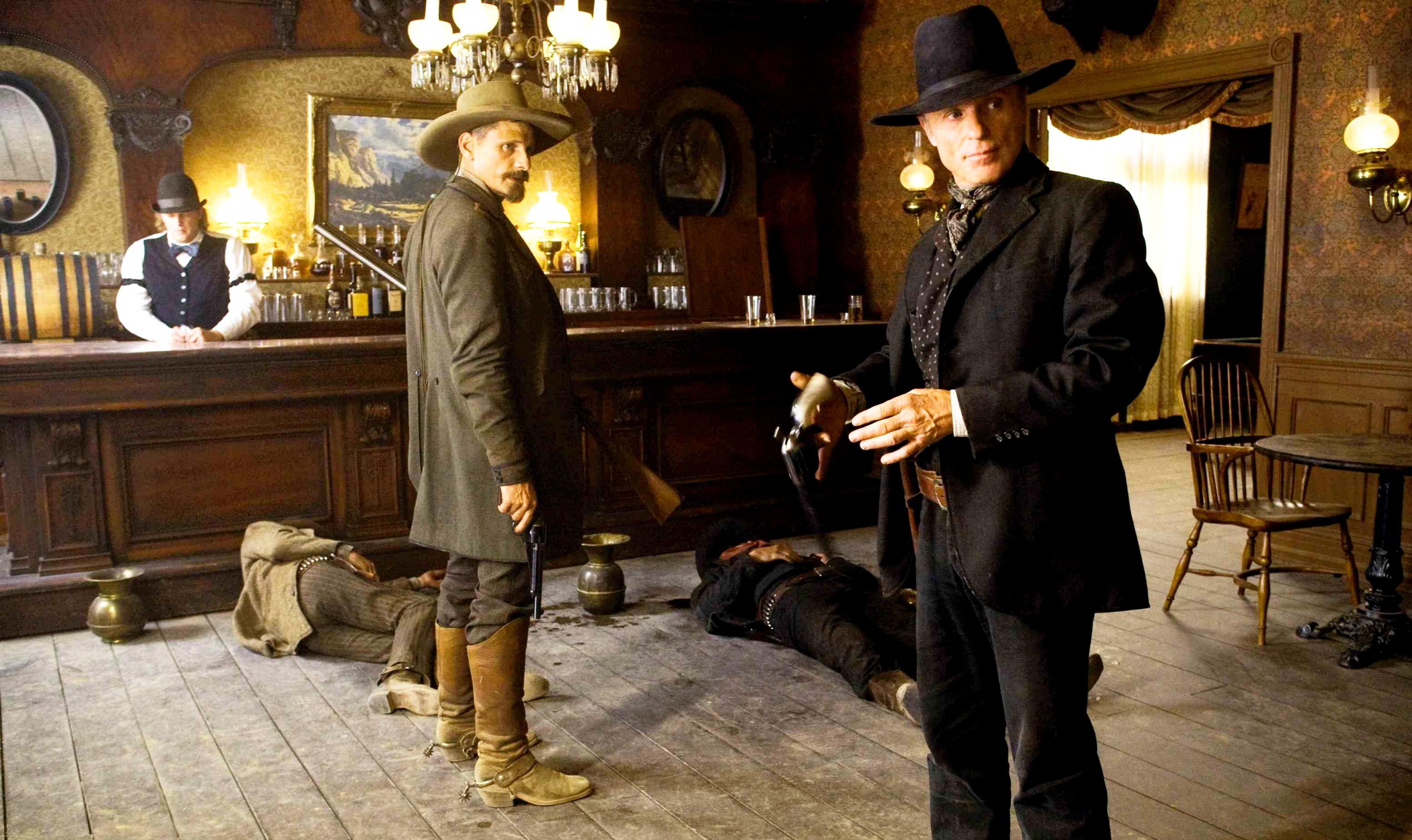 Viggo Mortensen stars as Everett Hitch and Ed Harris stars as Virgil Cole in New Line Cinema's Appaloosa (2008). Photo by Lorey Sebastian.