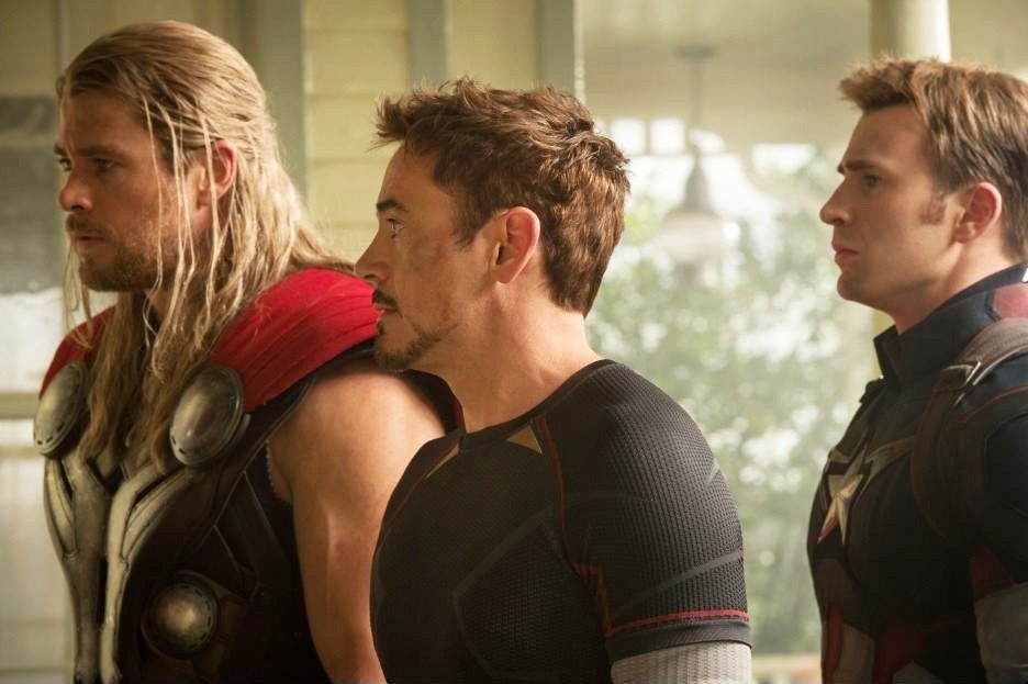Chris Hemsworth, Robert Downey Jr. and Chris Evans in Walt Disney Pictures' Avengers: Age of Ultron (2015)