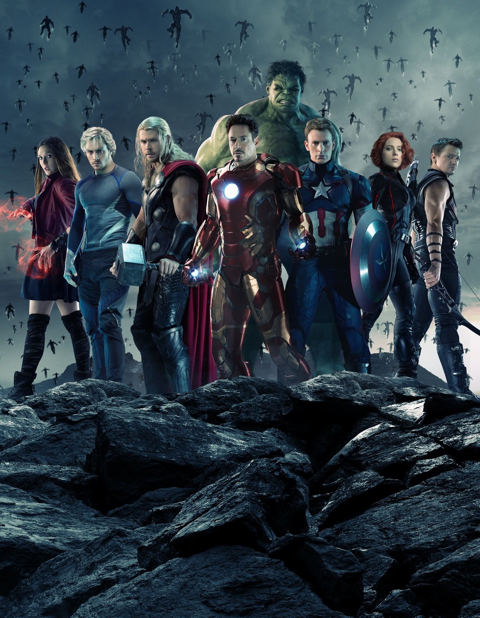 Elizabeth Olsen, Aaron Johnson, Chris Hemsworth, Robert Downey Jr., Chris Evans, Scarlett Johansson and Jeremy Renner in Walt Disney Pictures' Avengers: Age of Ultron (2015)