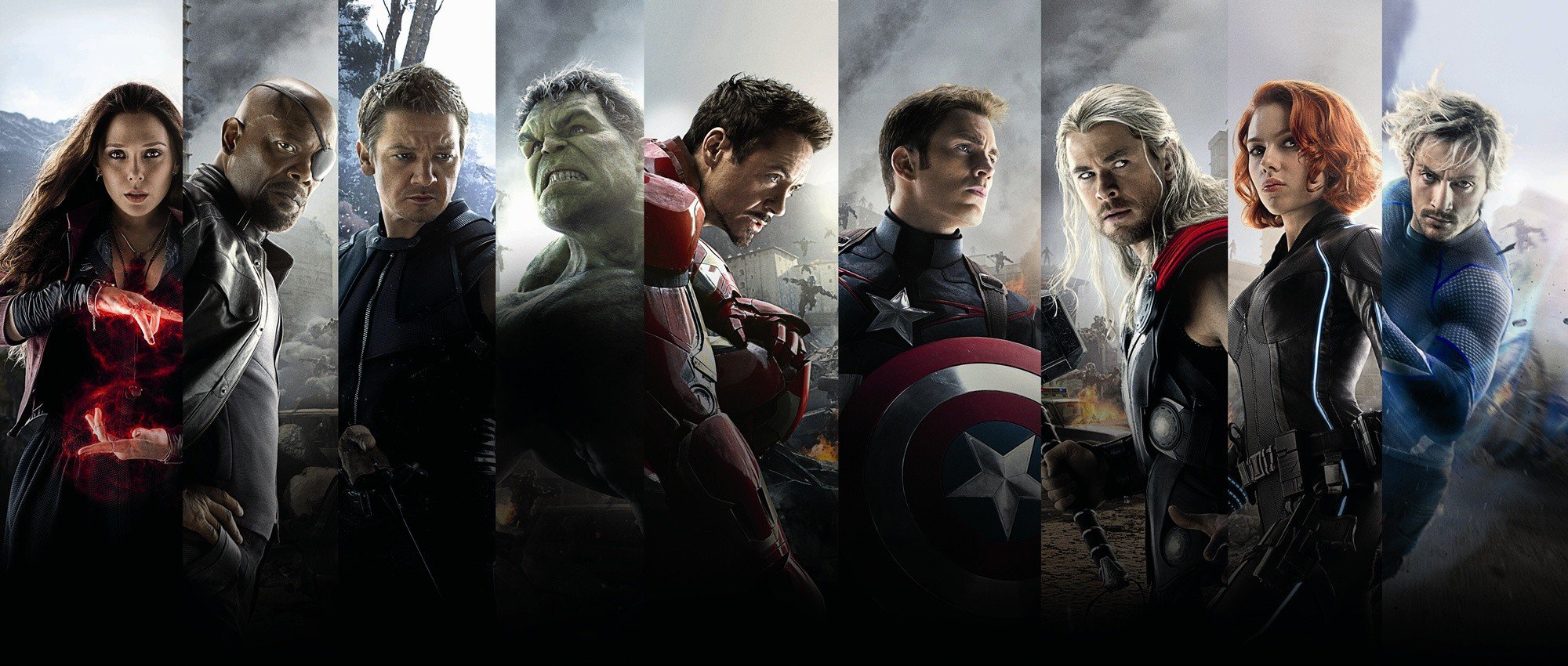 Jeremy Renner, Robert Downey Jr., Chris Evans, Chris Hemsworth, Scarlett Johansson and Aaron Johnson in Walt Disney Pictures' Avengers: Age of Ultron (2015)