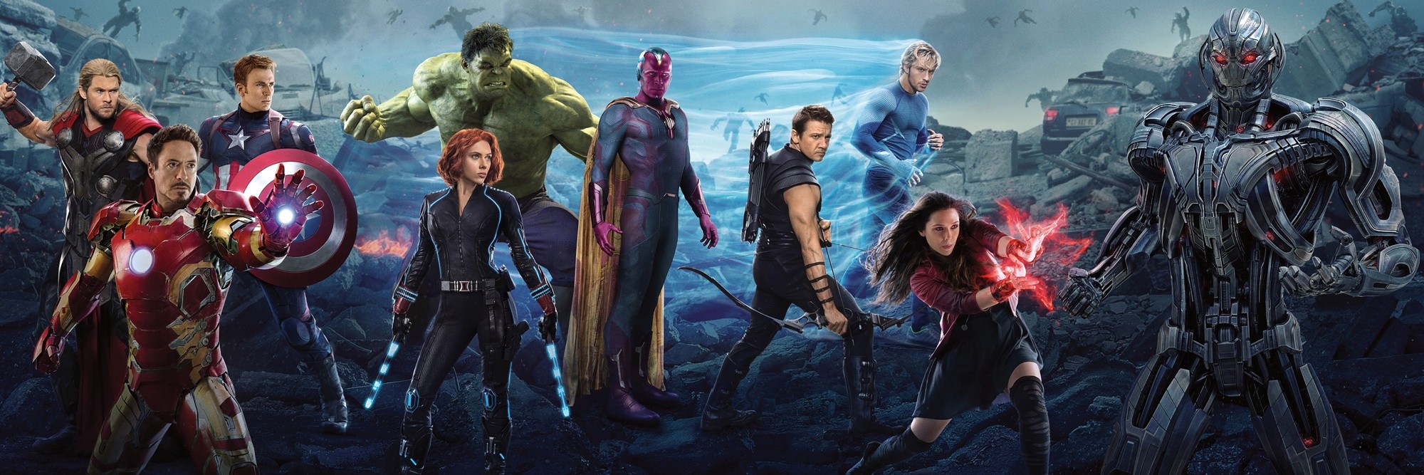 Chris Hemsworth, Robert Downey Jr., Chris Evans, Scarlett Johansson, Aaron Johnson and Elizabeth Olsen in Walt Disney Pictures' Avengers: Age of Ultron (2015)