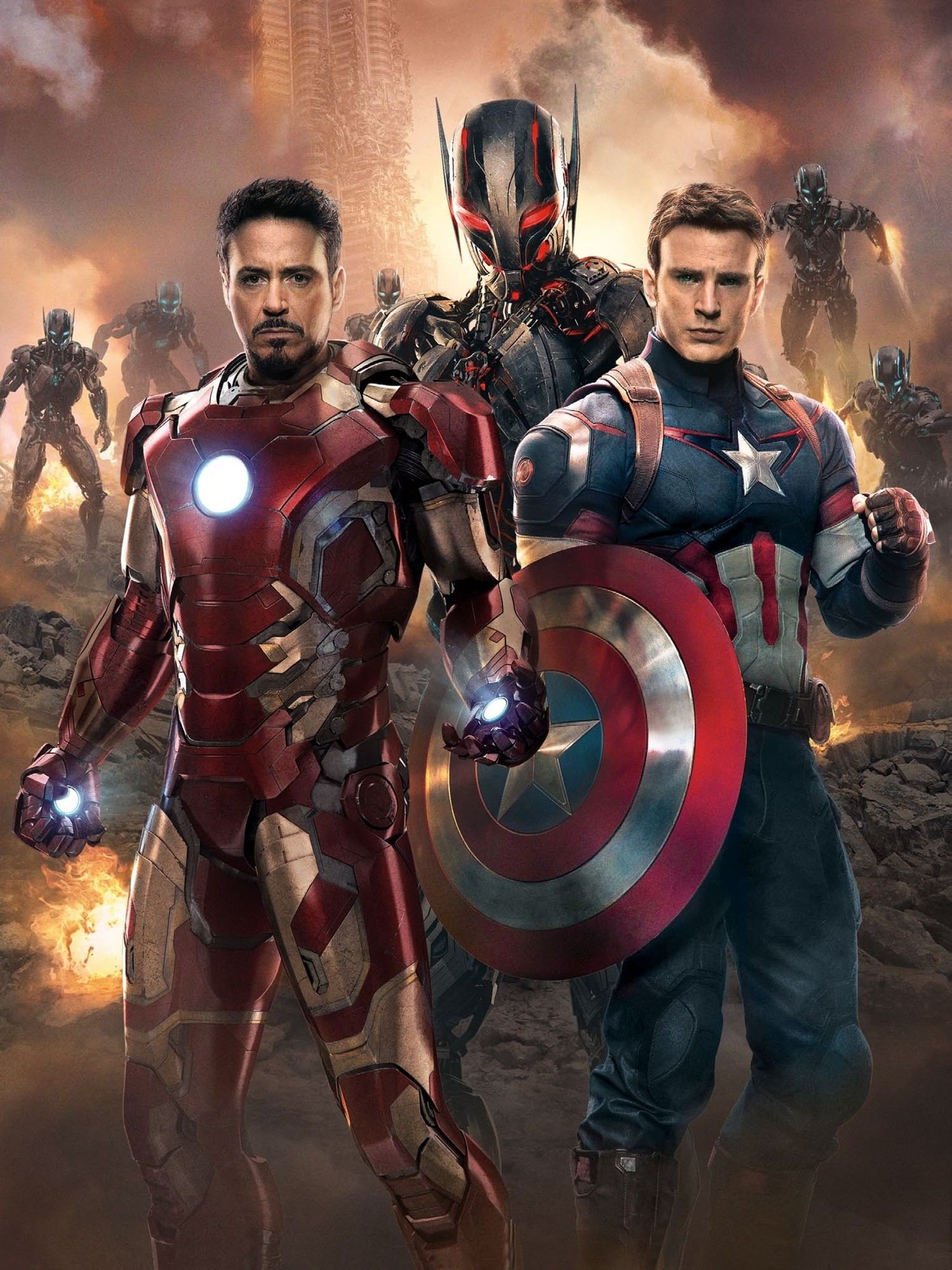 Robert Downey Jr. stars as Tony Stark/Iron Man and Chris Evans stars as Steve Rogers/Captain America in Walt Disney Pictures' Avengers: Age of Ultron (2015)