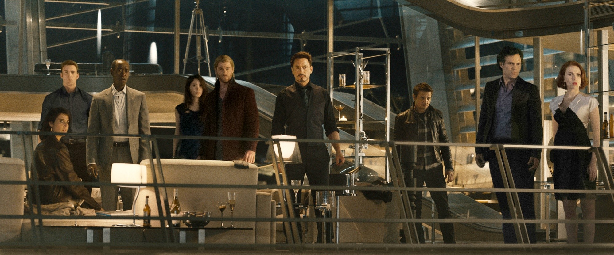 Chris Evans, Chris Hemsworth, Robert Downey Jr., Jeremy Renner, Mark Ruffalo and Scarlett Johansson in Walt Disney Pictures' Avengers: Age of Ultron (2015)