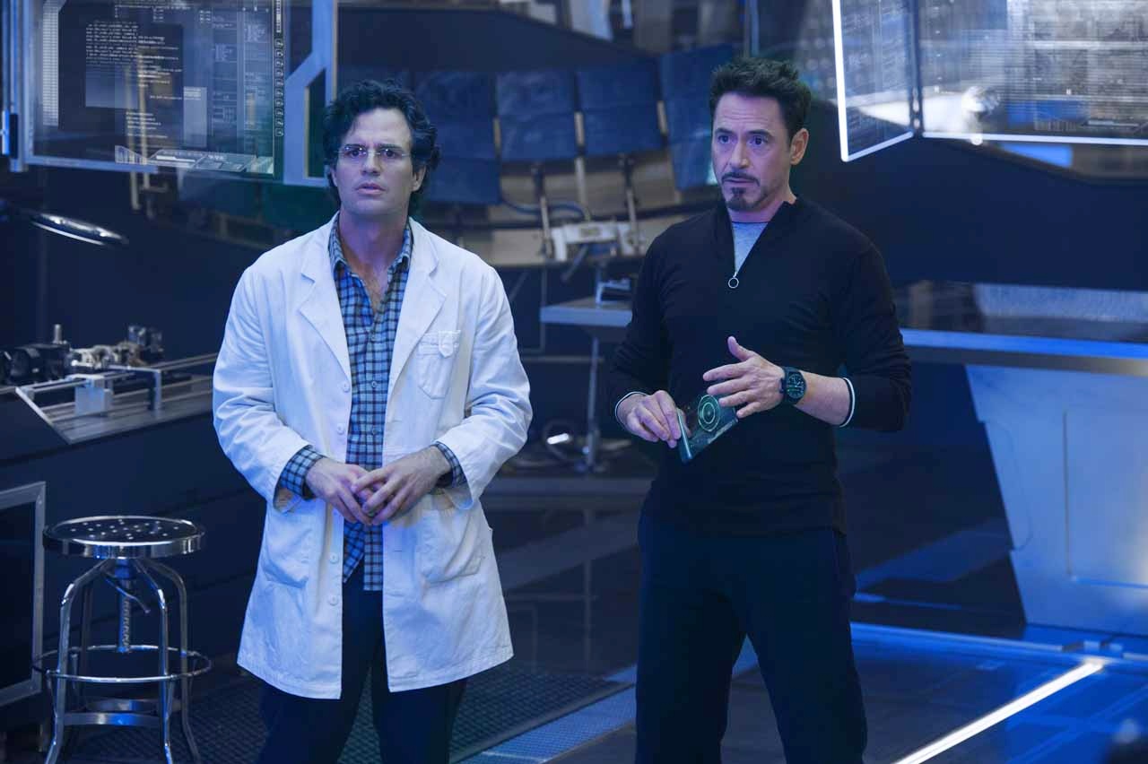 Mark Ruffalo stars as Bruce Banner/The Hulk and Robert Downey Jr. stars as Tony Stark/Iron Man in Walt Disney Pictures' Avengers: Age of Ultron (2015)