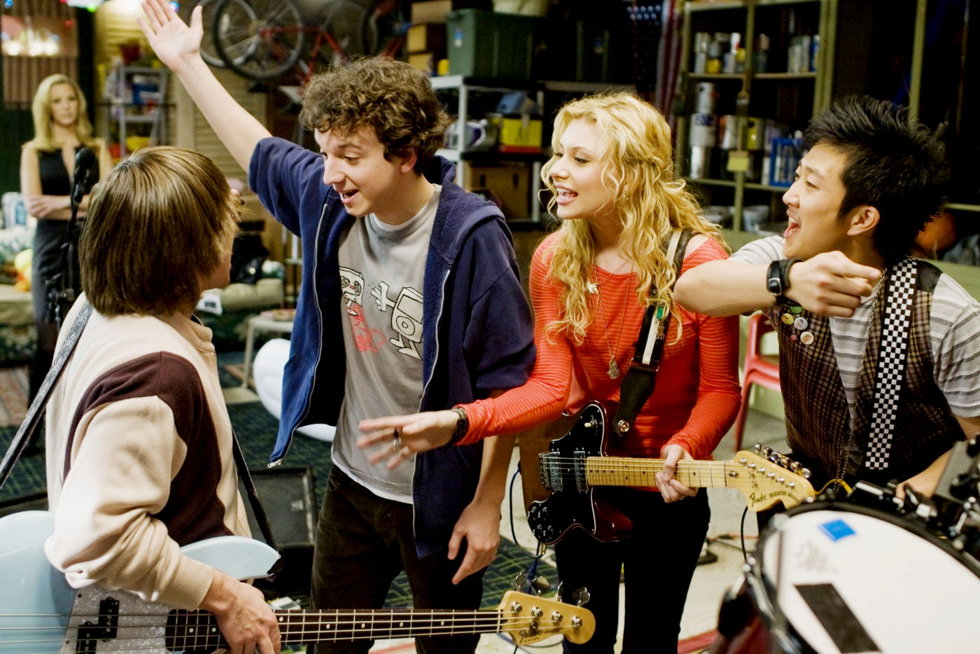 Charlie Saxton, Gaelan Connell, Alyson Michalka and Tim Jo in Summit Entertainment's Bandslam (2009). Photo credit by Van Redin.