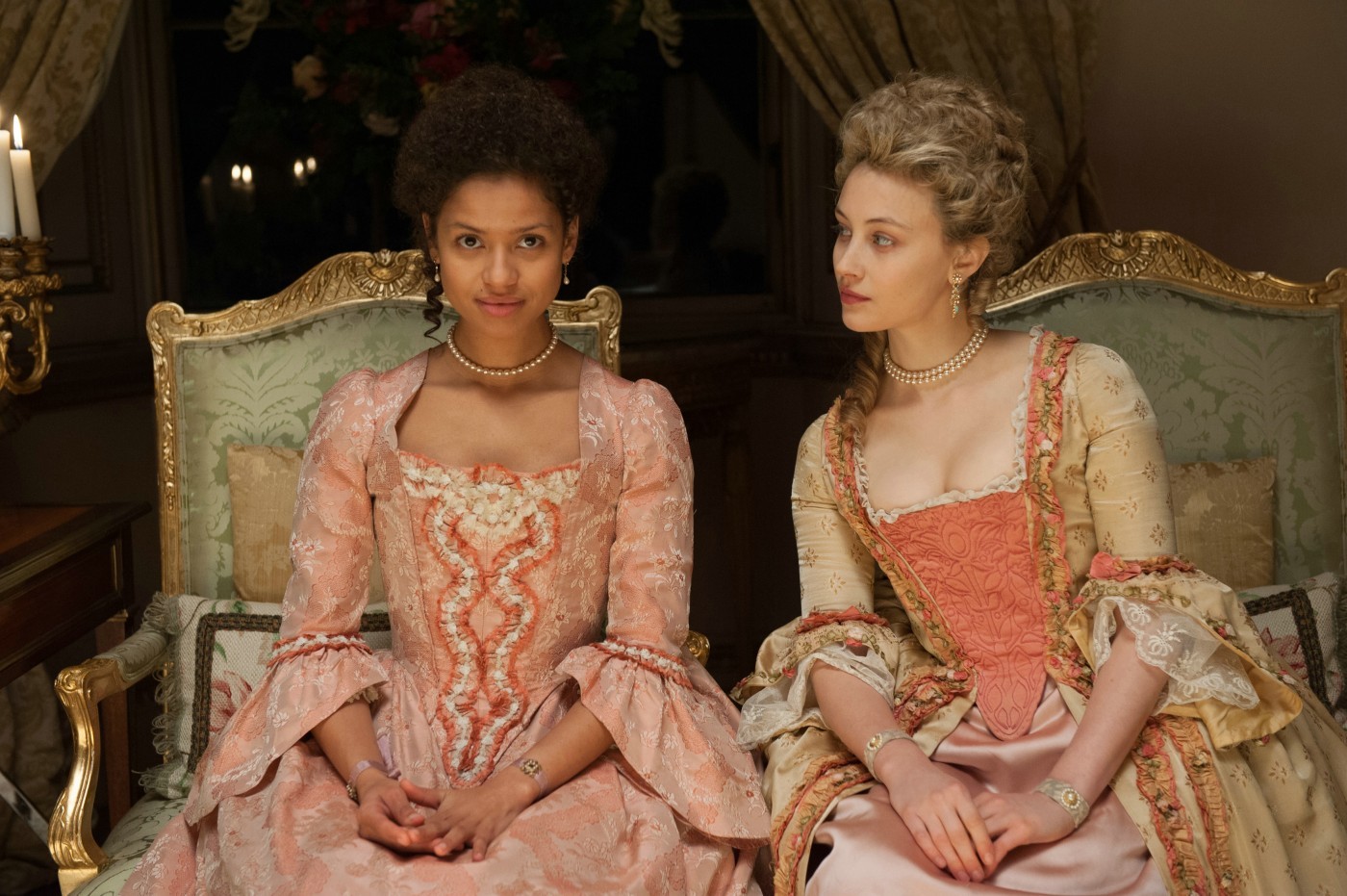 Gugu Mbatha-Raw stars as Dido Elizabeth Belle and Sarah Gadon stars as Elizabeth in Fox Searchlight Pictures' Belle (2014)