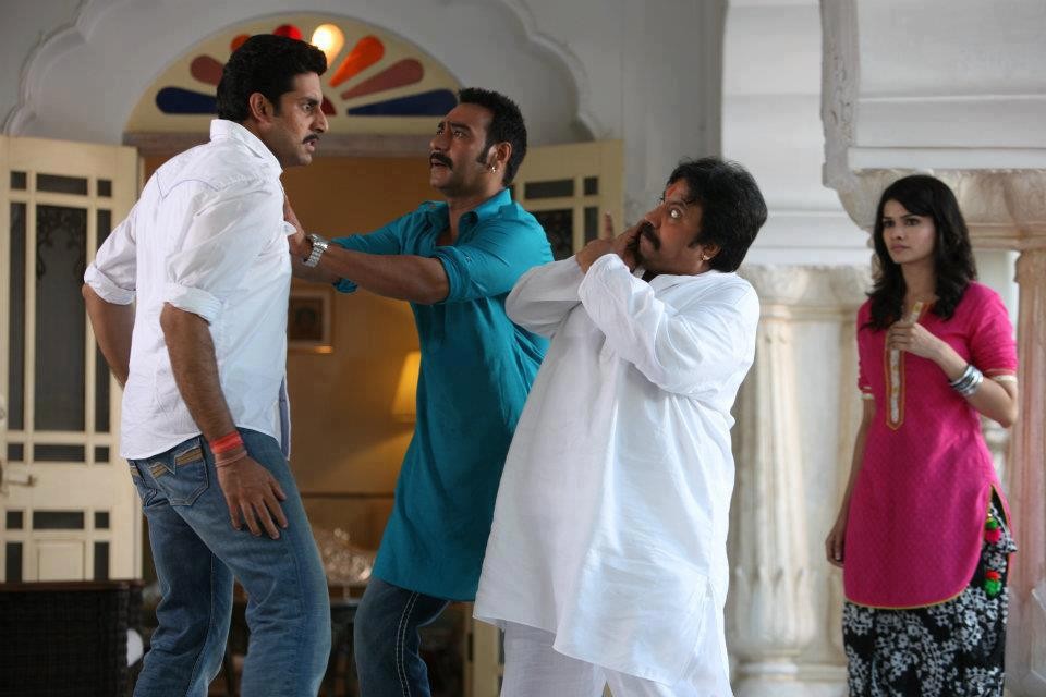 Abhishek Bachchan;, Ajay Devgan and Asin in FIP's Bol Bachchan (2012)