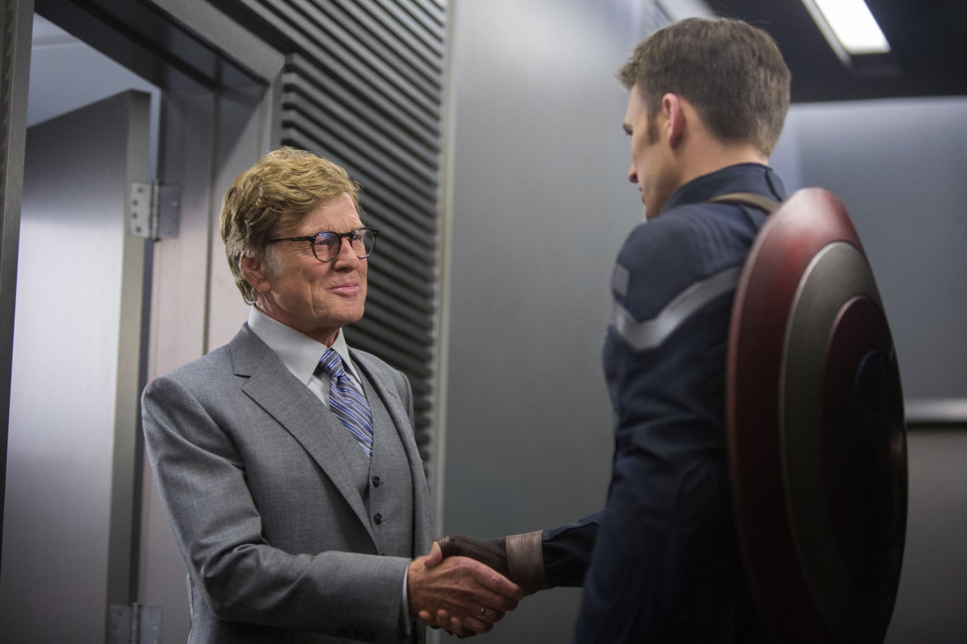 Robert Redford stars as Alexander Pierce and Chris Evans stars as Steve Rogers/Captain America in Walt Disney Pictures' Captain America: The Winter Soldier (2014)