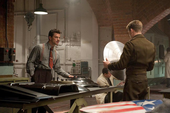 Dominic Cooper stars as Howard Stark and Chris Evans stars as Steve Rogers in Paramount Pictures' Captain America: The First Avenger (2011)