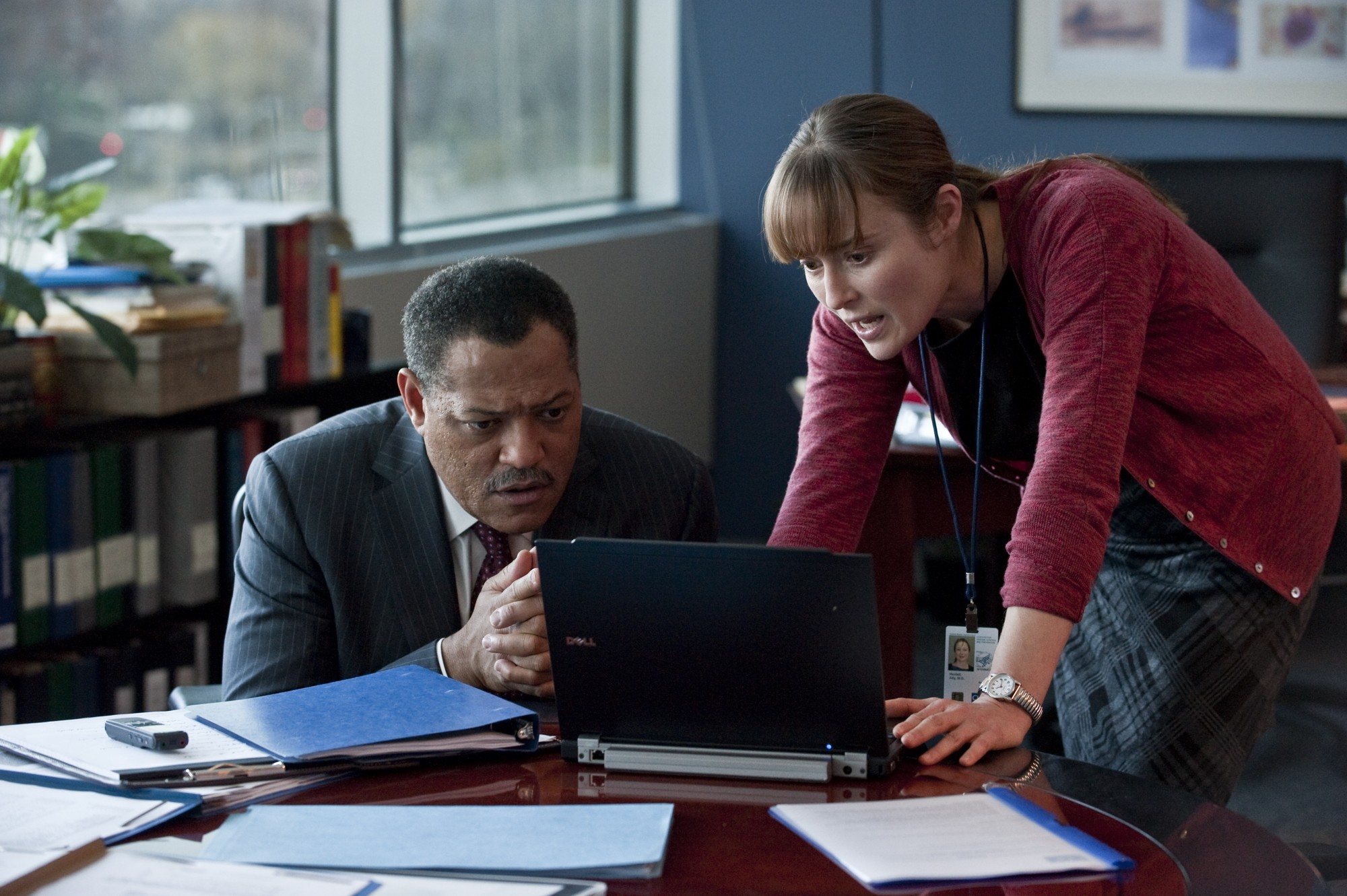 Laurence Fishburne stars as Dr. Ellis Cheever and Jennifer Ehle stars as Dr. Ally Hextall in Warner Bros. Pictures' Contagion (2011)