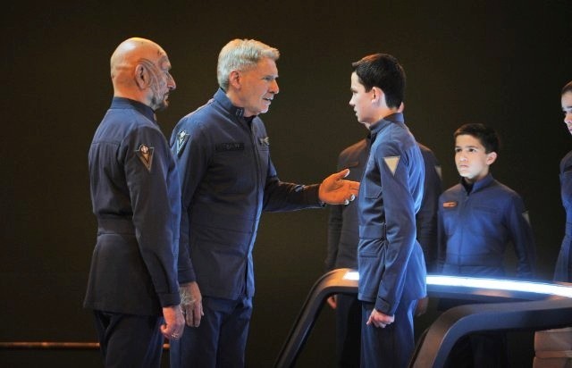 Ben Kingsley, Harrison Ford, Asa Butterfield and Aramis Knight in Summit Entertainment's Ender's Game (2013). Photo credit by Richard Foreman.