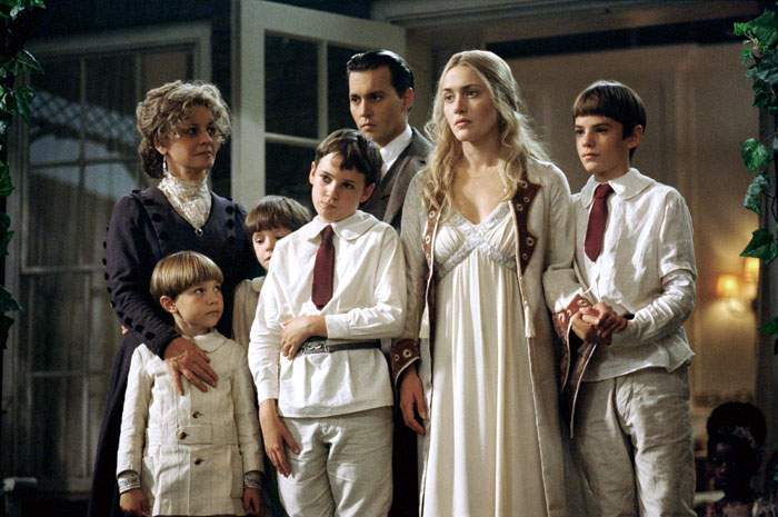 Julie Christie, Johnny Depp, Joe Prospero, Nick Roud, Freddie Highmore, Luke Spill and Kate Winslet in Miramax Films' Finding Neverland (2004)