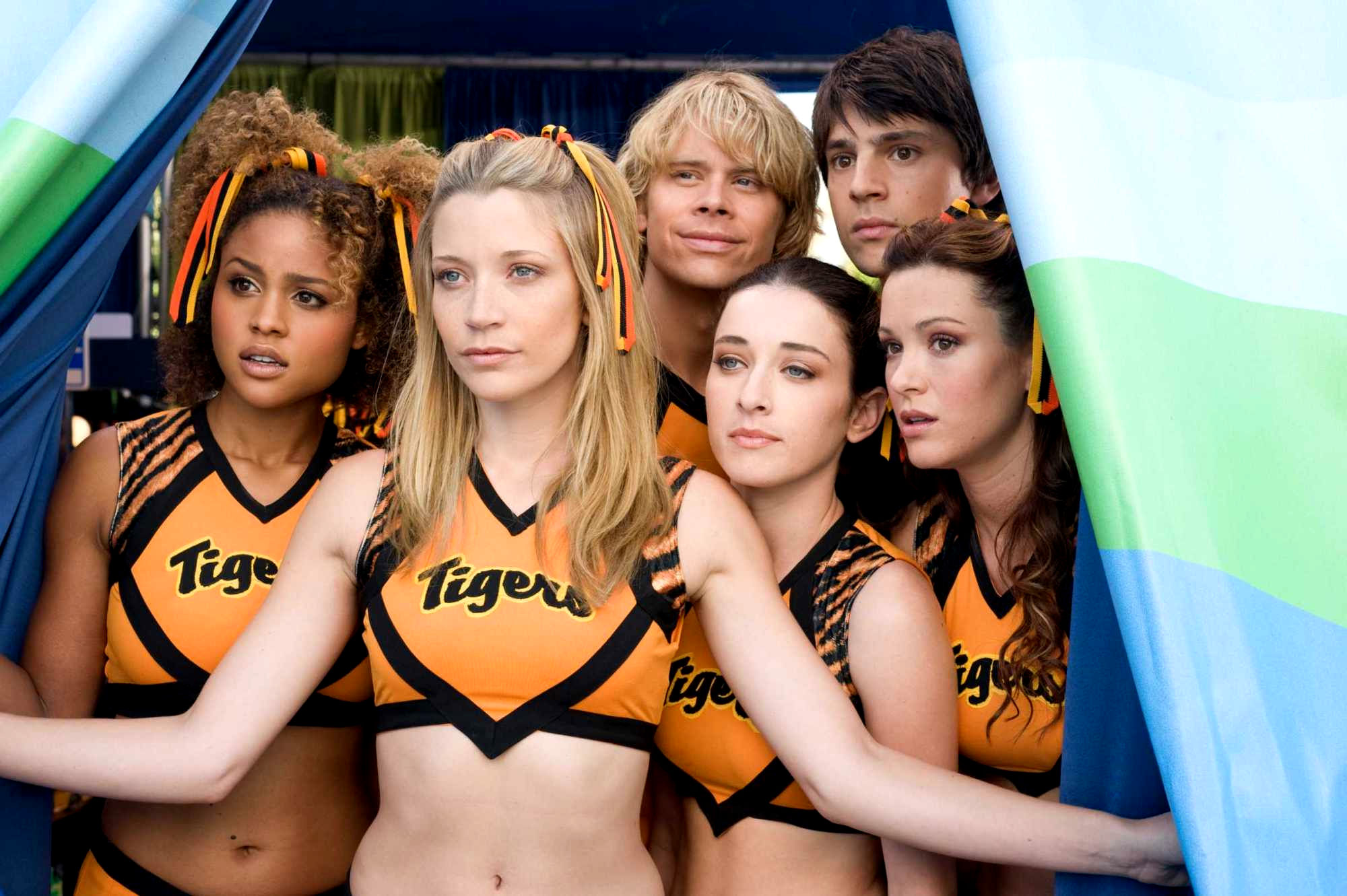 Hayley Marie Norman, Sarah Roemer, Eric Christian Olsen, Margo Harshman, Nicholas D'Agosto and Danneel Harris in Screen Gems' Fired Up (2009). Photo credit by Suzanne Tenner.