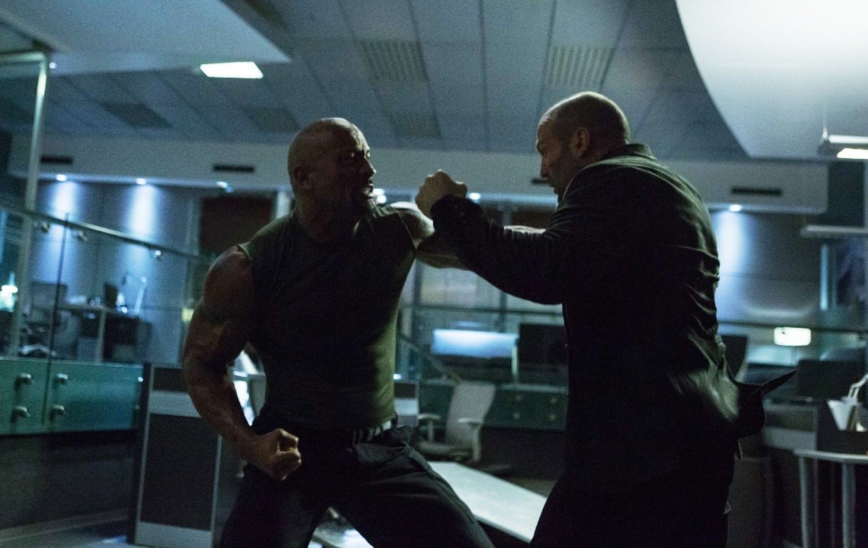 The Rock stars as Luke Hobbs and Jason Statham stars as Deckard Shaw in Universal Pictures' Furious 7 (2015)