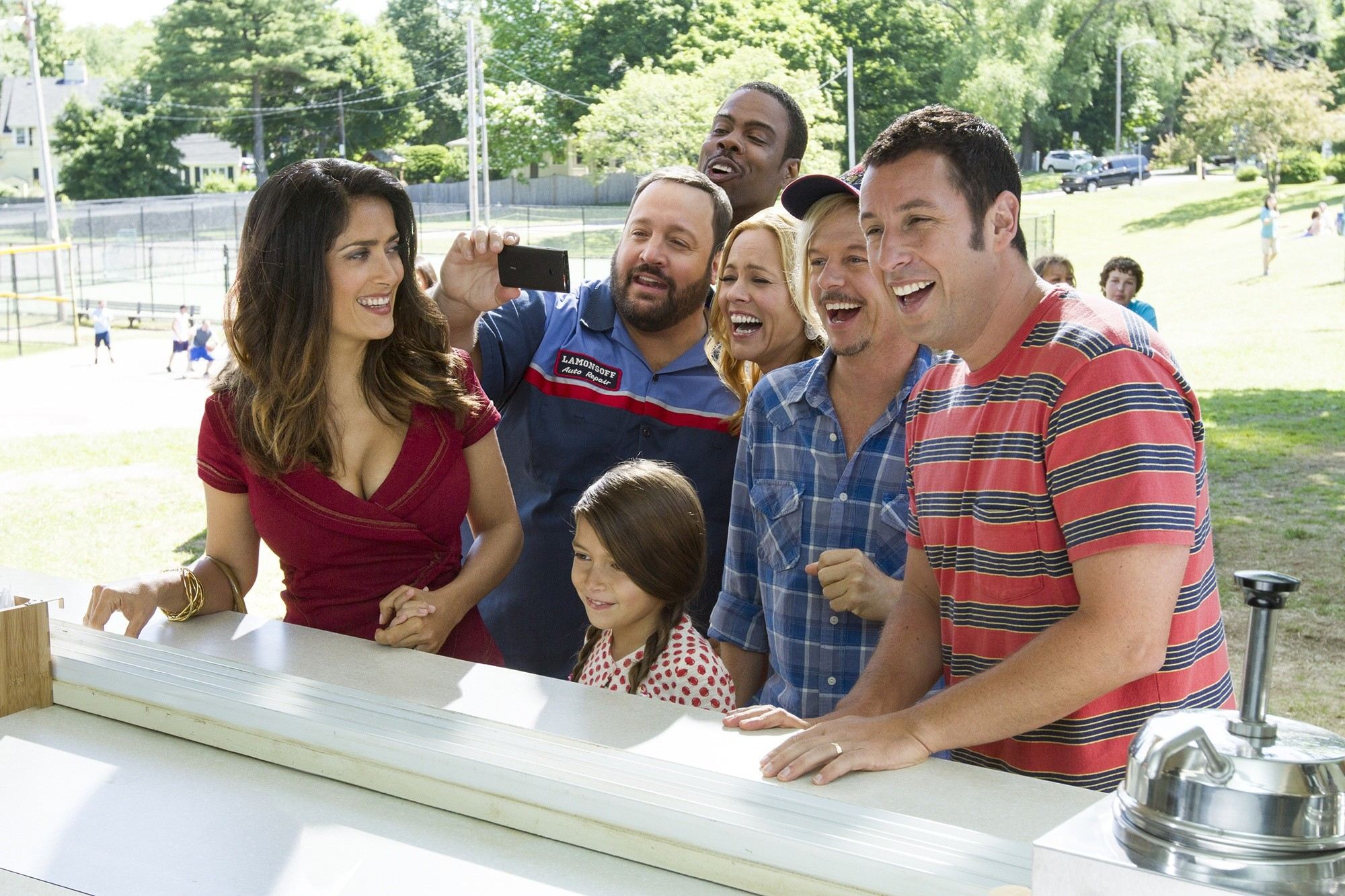 Salma Hayek, Kevin James, Chris Rock, Maya Rudolph, David Spade and Adam Sandler in Columbia Pictures' Grown Ups 2 (2013)