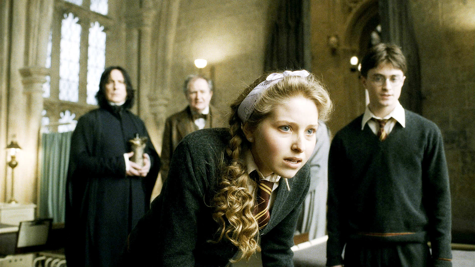 Alan Rickman, Jim Broadbent, Jessie Cave and Daniel Radcliffe in Warner Bros' Harry Potter and the Half-Blood Prince (2009)
