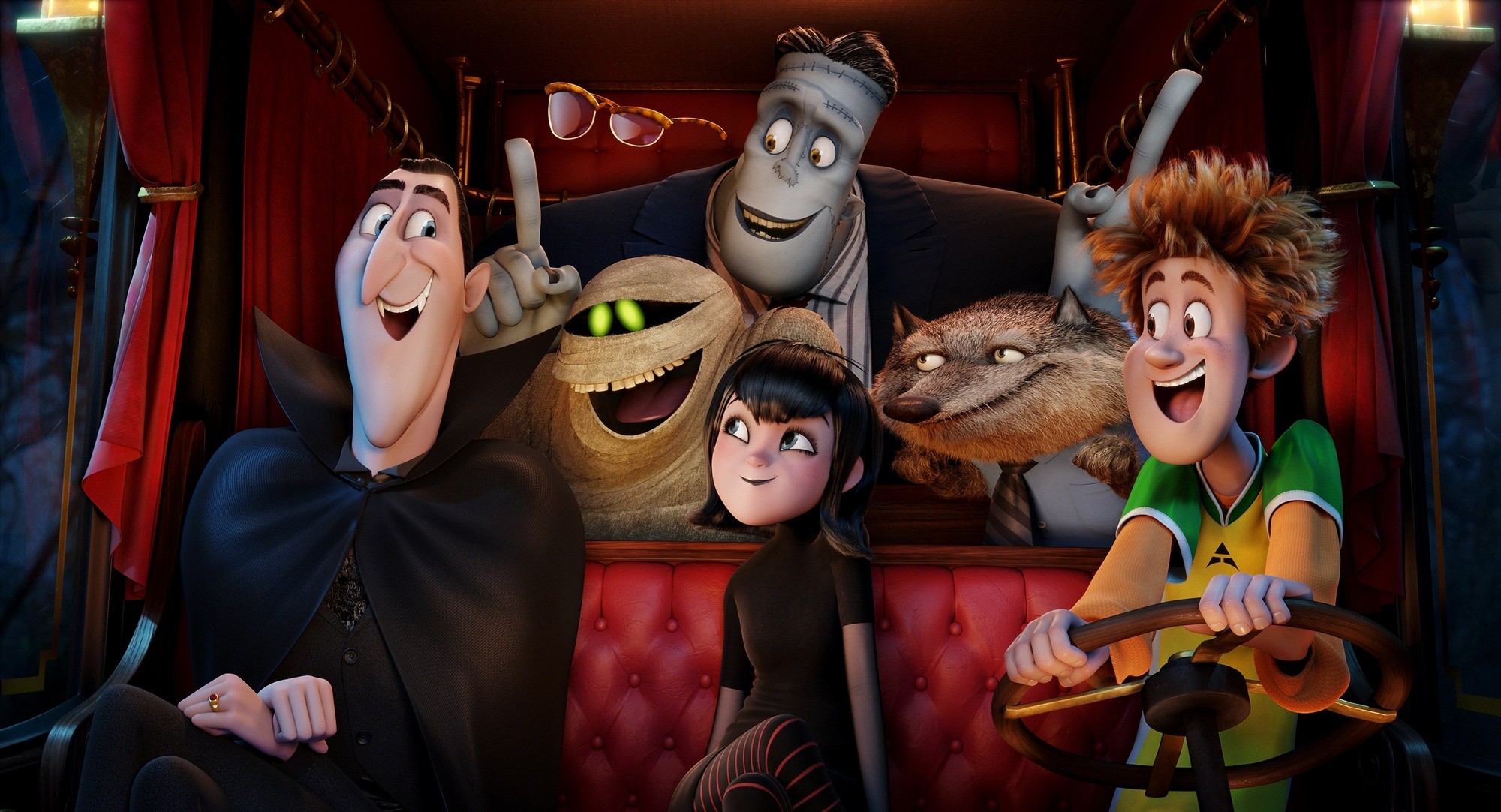 Dracula, Griffin the Invisible Man, Murray the Mummy, Frankenstein, Mavis, Wayne and Jonathan in Columbia Pictures' Hotel Transylvania 2 (2015)