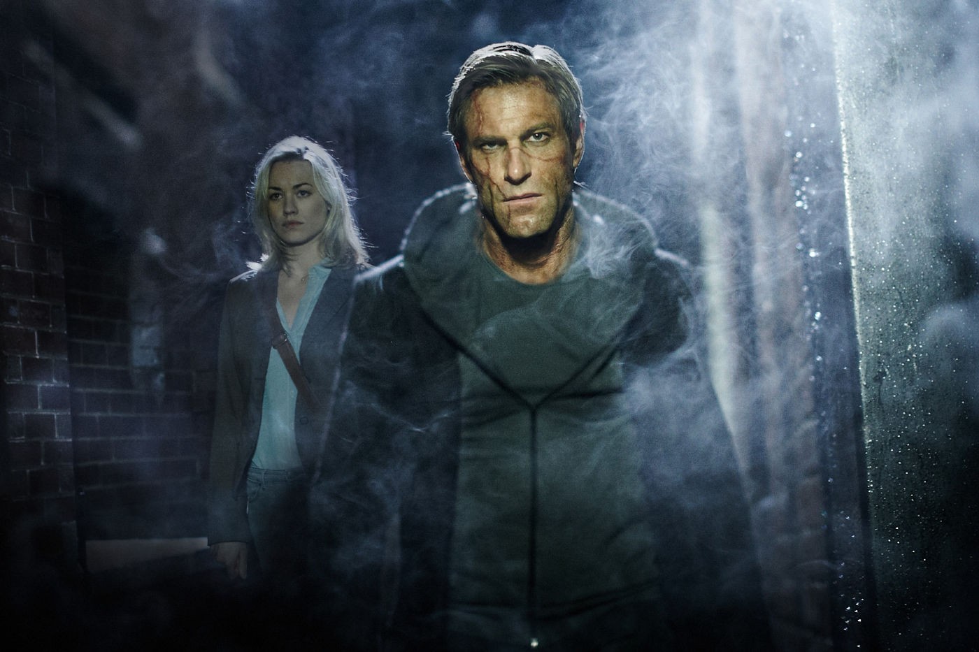 Yvonne Strahovski stars as Terra and Aaron Eckhart stars as Adam in Lionsgate Films' I, Frankenstein (2014)