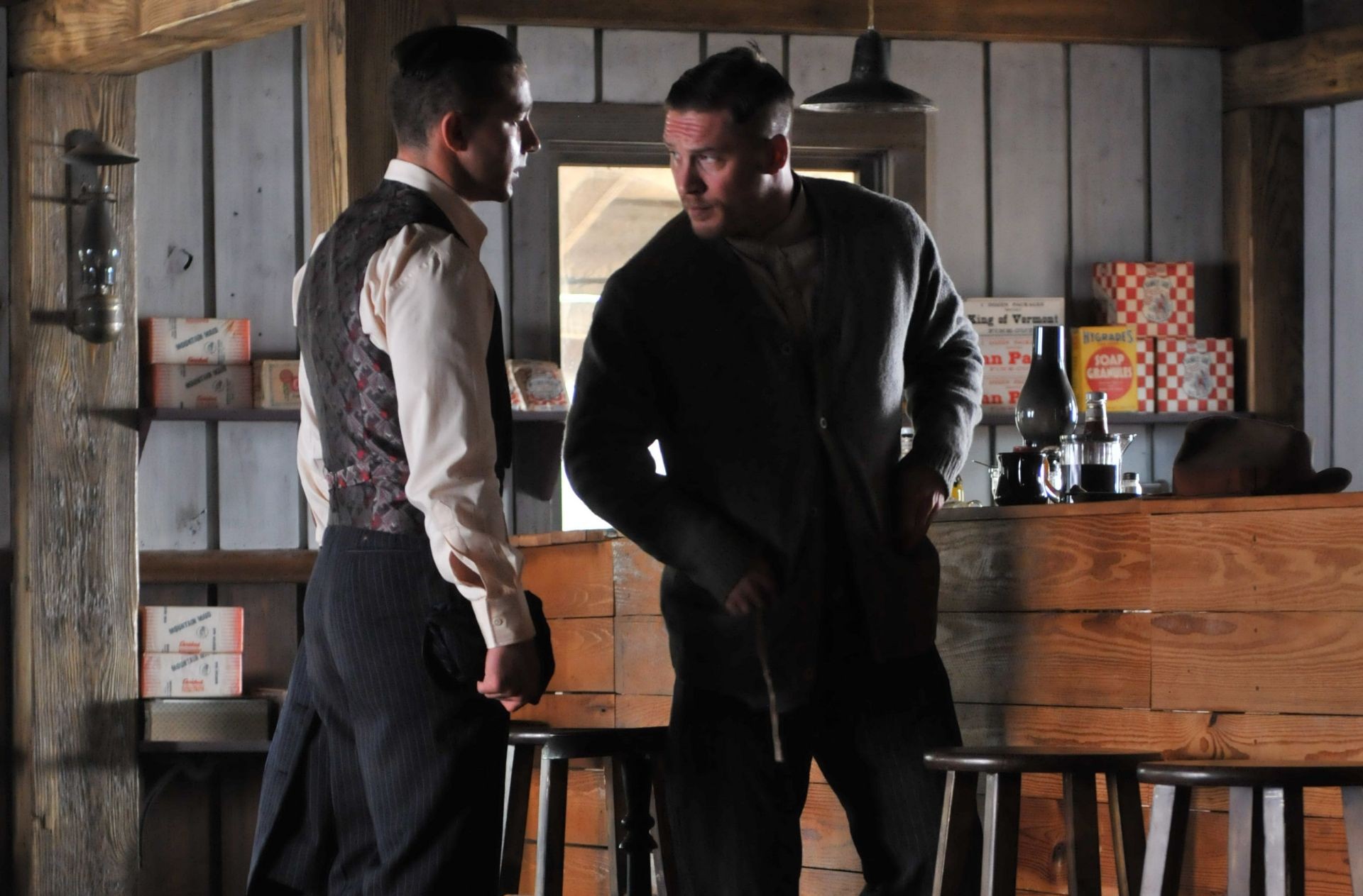 Shia LaBeouf stars as Jack Bondurant and Tom Hardy stars as Forrest Bondurant in The Weinstein Company's Lawless (2012). Photo credit by Richard Foreman.