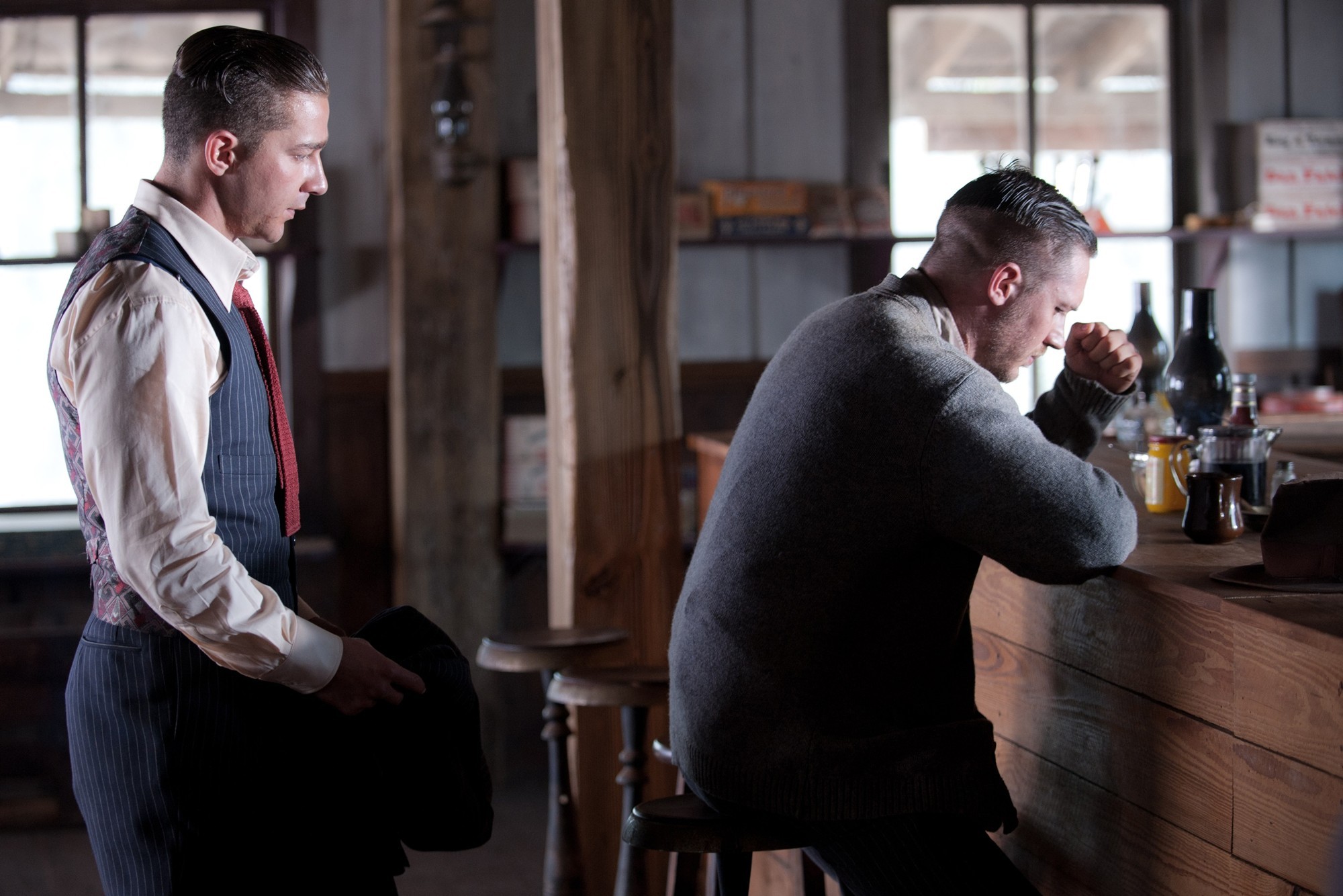 Tom Hardy stars as Forrest Bondurant and Shia LaBeouf stars as Jack Bondurant in The Weinstein Company's Lawless (2012)