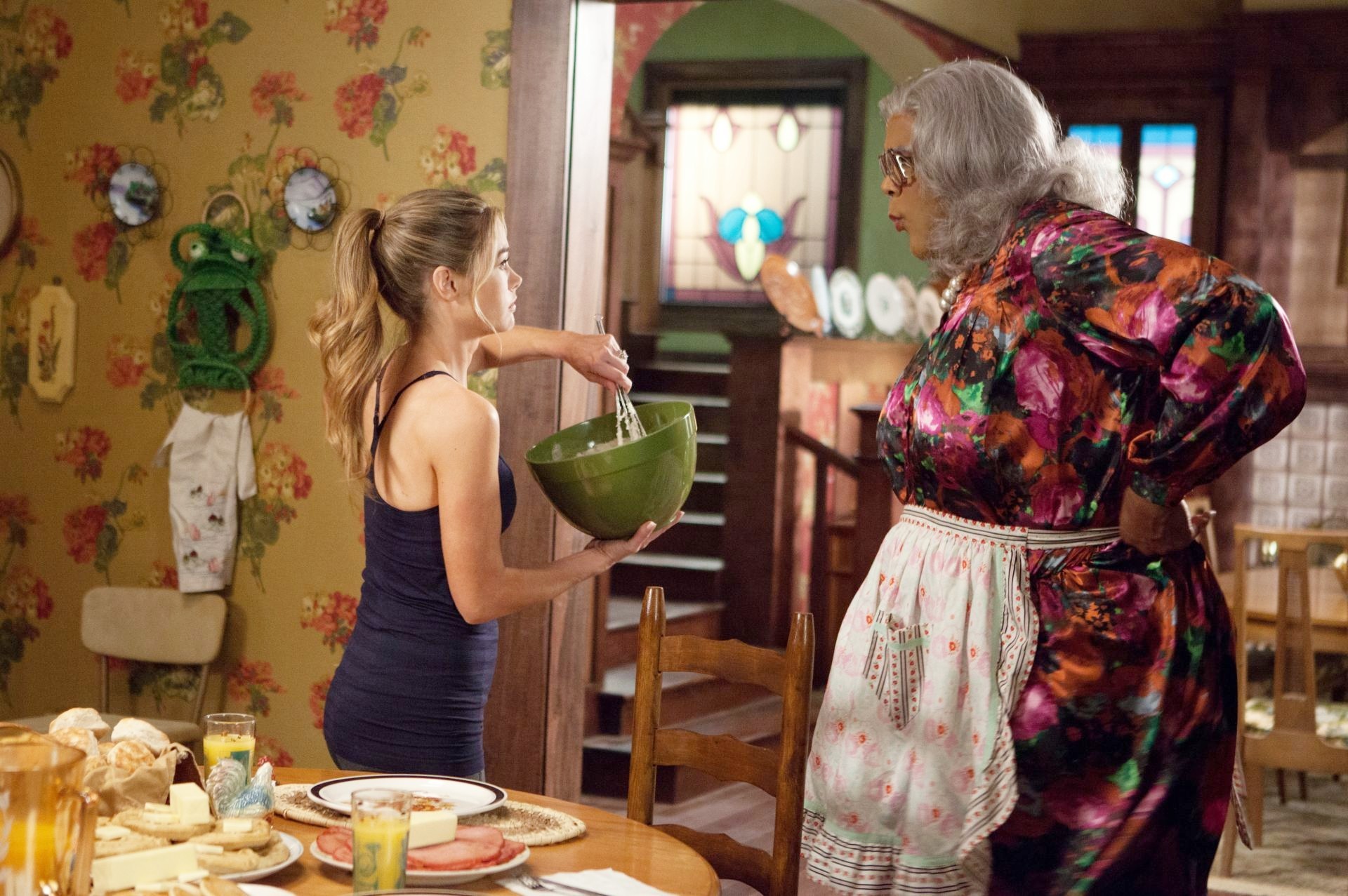 Denise Richards stars as Kate Needleman and Tyler Perry stars as Madea/Joe/Brian in Lionsgate's Madea's Witness Protection (2012). Photo credit by KC Bailey.