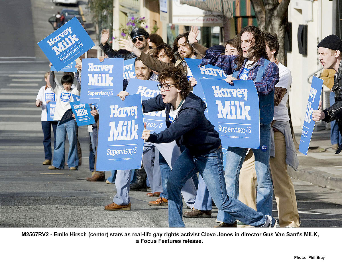 Emile Hirsch stars as Cleve Jones in Focus Features' Milk (2008). Photo credit by Phil Bray.