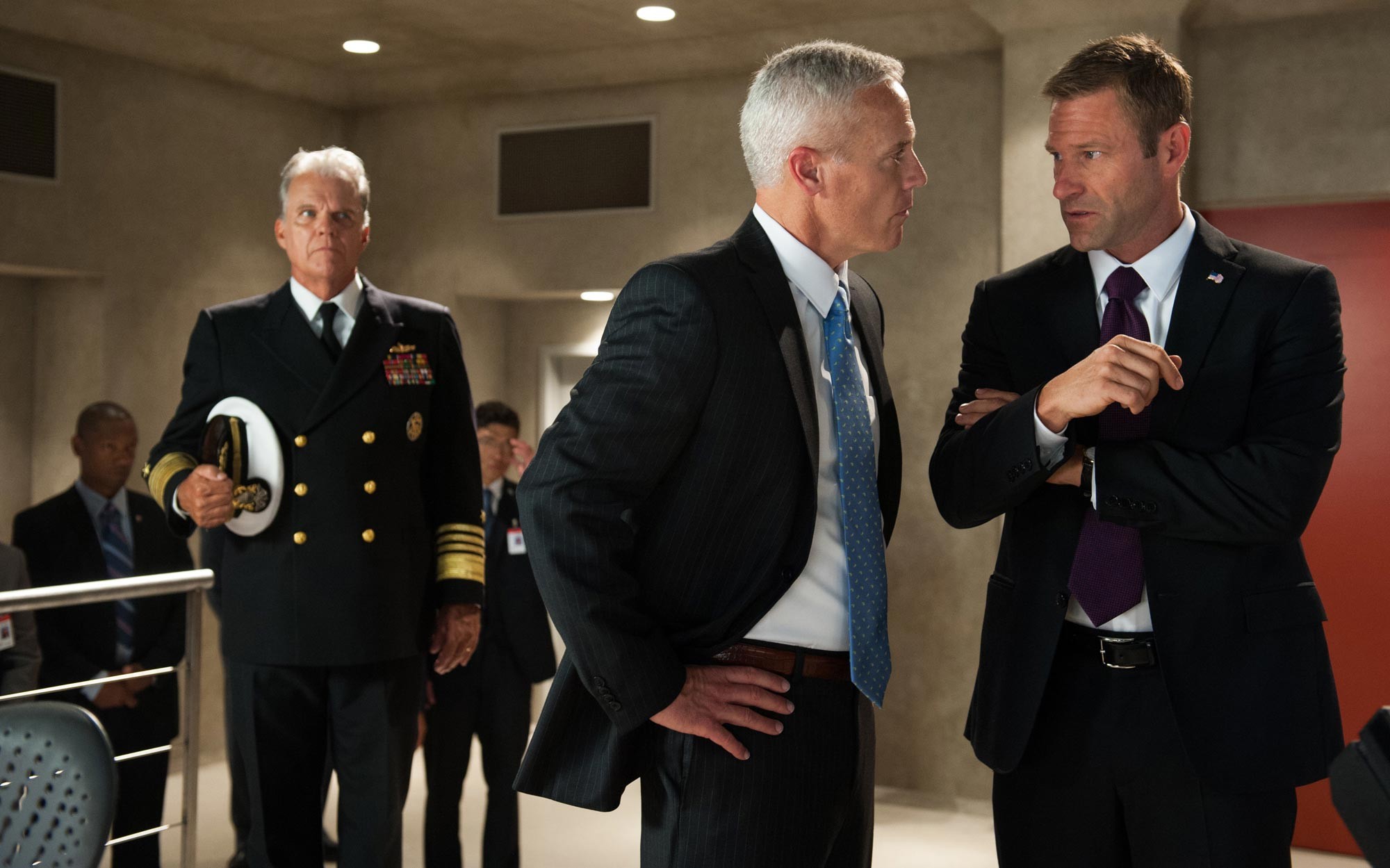 Phil Austin stars as Vice President Rodriguez and Aaron Eckhart stars as President Benjamin Asher in FilmDistrict's Olympus Has Fallen (2013)