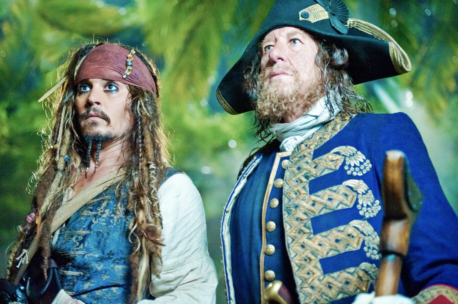 Johnny Depp stars as Jack Sparrow and Geoffrey Rush stars as Barbossa in Walt Disney Pictures' Pirates of the Caribbean: On Stranger Tides (2011)