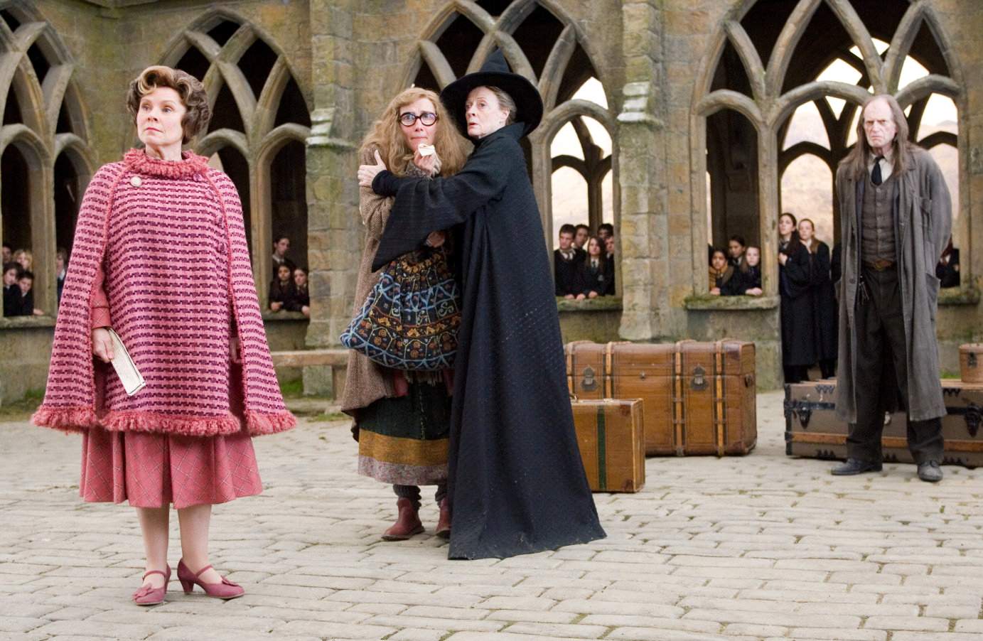 Imelda Staunton as Dolores Umbridge, Emma Thompson as Sybil Trelawney, Maggie Smith as Minerva McGonagal and David Bradley as Argus Filch.