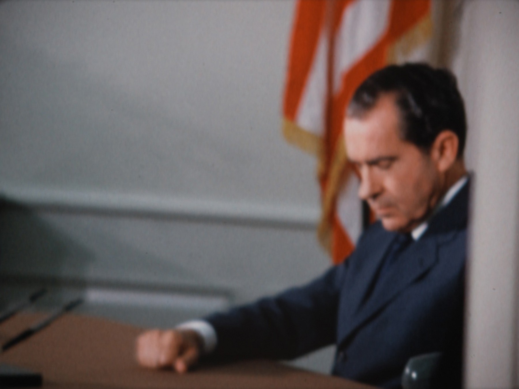 President Nixon in the Oval Office preparing for his historic phone call to Apollo 11 astronauts Neil Armstrong and Buzz Aldrin, who were at that very moment landing on the moon (July 20, 1969)
