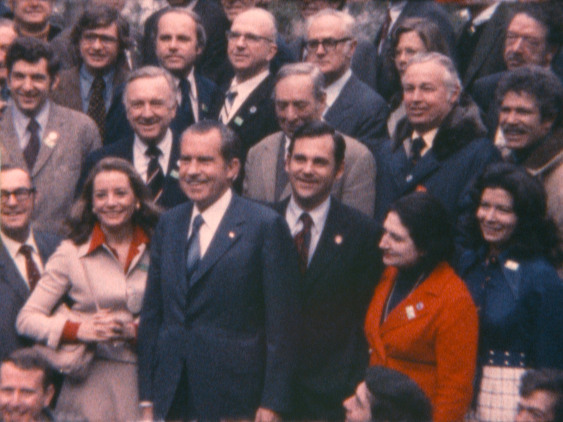 Nixon and the 87 members of the press who came with him to China pose for a photo