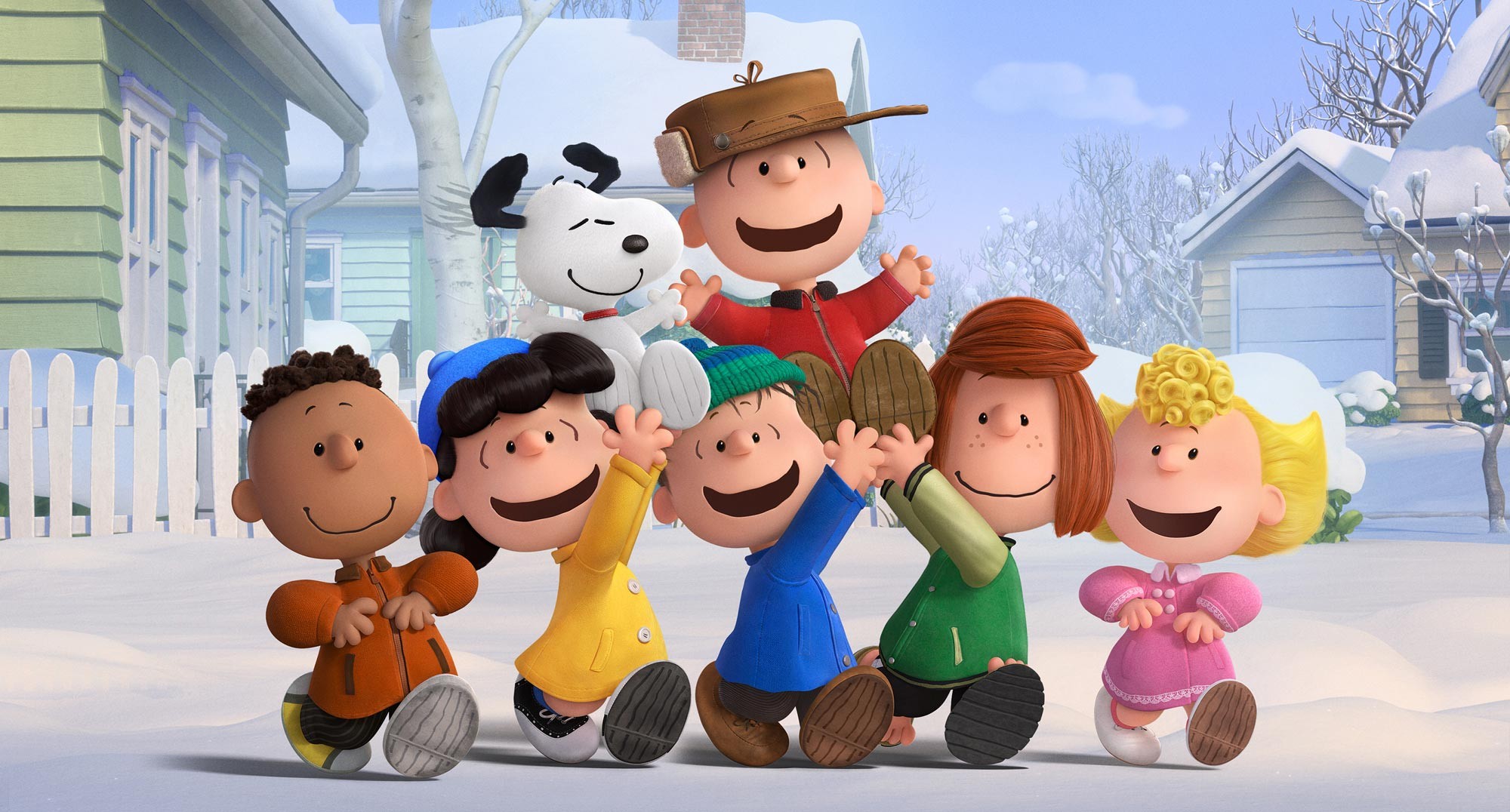 Franklin, Lucy, Snoopy, Linus, Charlie Brown, Peppermint Patty and Sally from