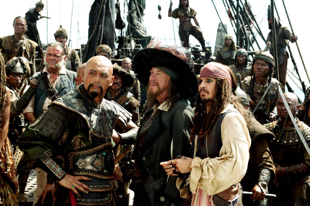 Chow Yun-Fat as Capt.Sao Feng, Geoffrey Rush as Barbossa and Johnny Depp as Jack Sparrow in Walt Disney Pic's POTC: At Worlds End (2007)