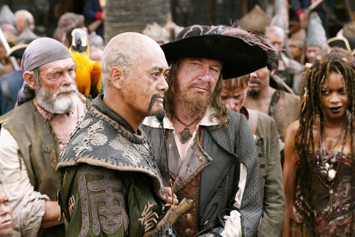 Chow Yun-Fat as Capt.Sao Feng, Geoffrey Rush as Barbossa and Naomie Harris as Tia Dalma in Walt Disney Pic's POTC: At Worlds End (2007)