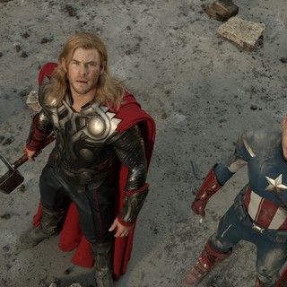 Chris Hemsworth stars as Thor and Chris Evans stars as Steve Rogers/Captain America in Walt Disney Pictures' The Avengers (2012)