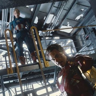 Chris Evans stars as Steve Rogers/Captain America and Robert Downey Jr. stars as Tony Stark/Iron Man in Walt Disney Pictures' The Avengers (2012)