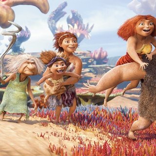 Thunk, Gran, Sandy the baby, Ugga, Eep and Grug from 20th Century Fox's The Croods (2013)